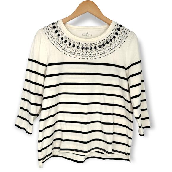 Talbots Tops - Talbots Petites | Large | Cream w/ Black Stripes Jewel Embellished Neckline Top